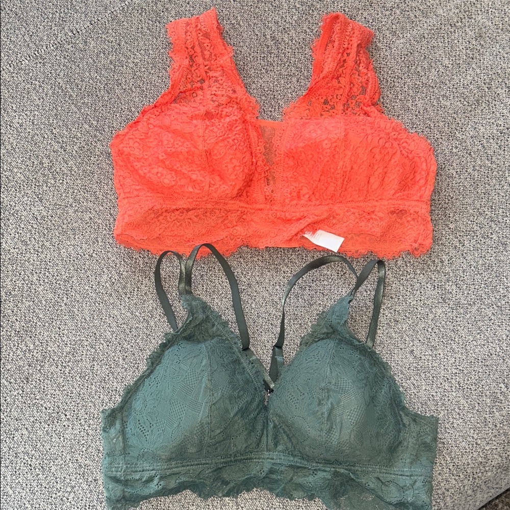 aerie Lace Bralette Set in Coral and Forest Green